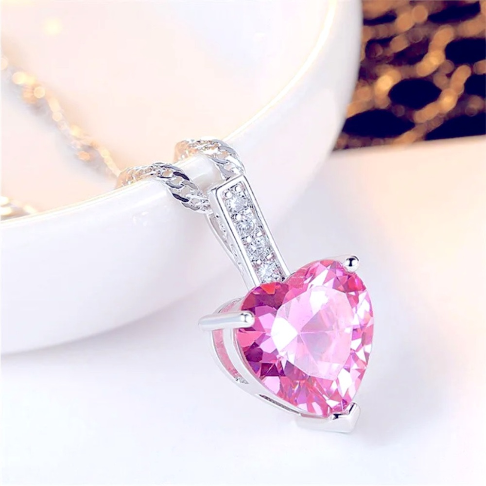 New Sterling Silver Pink Sapphire Heart Necklace
